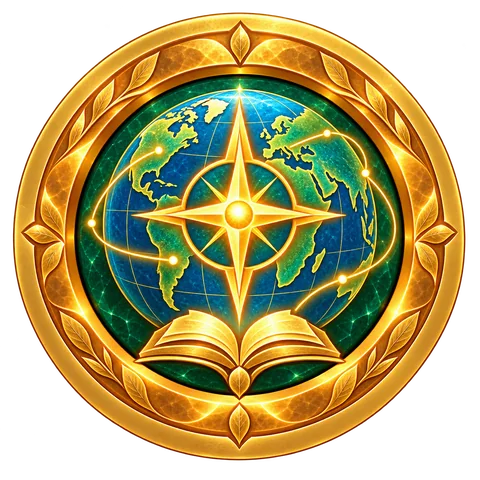 The Atlas Glyph: a golden compass star over a globe and an open book